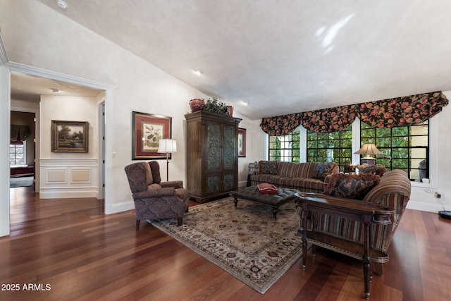 living room with vaulted ceiling and dark hardwood / wood-style floors