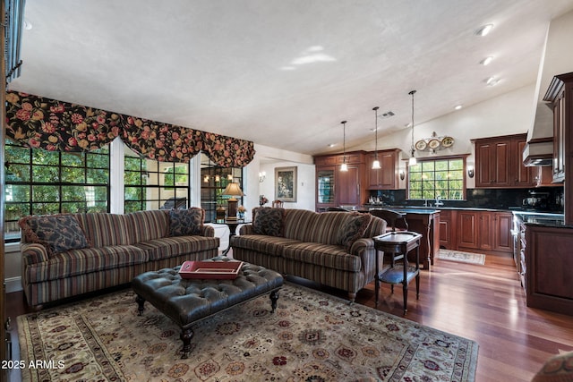 living room featuring vaulted ceiling and light hardwood / wood-style flooring