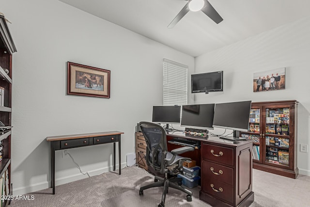 2923 W Shanley Ave, Apache Junction, AZ 85120 - office area featuring baseboards, a ceiling fan, and light carpet