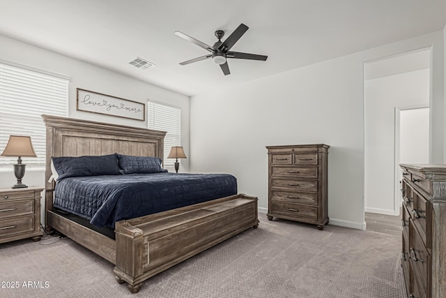 2923 W Shanley Ave, Apache Junction, AZ 85120 - bedroom featuring visible vents, a ceiling fan, baseboards, and light carpet