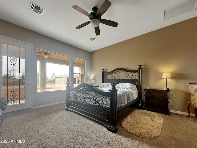 bedroom with carpet flooring, access to outside, and ceiling fan