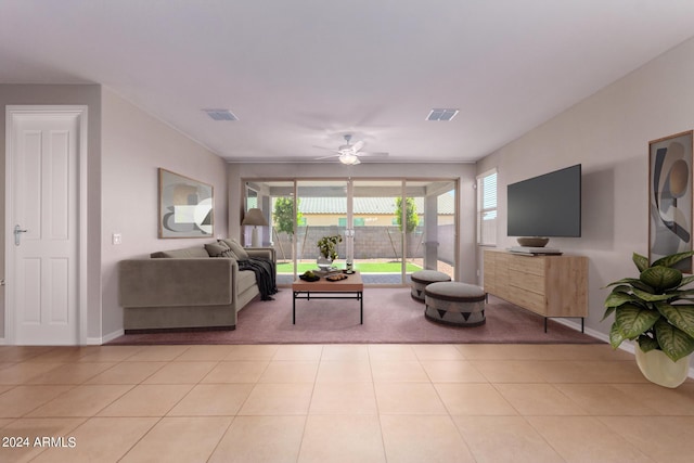 tiled living room featuring ceiling fan