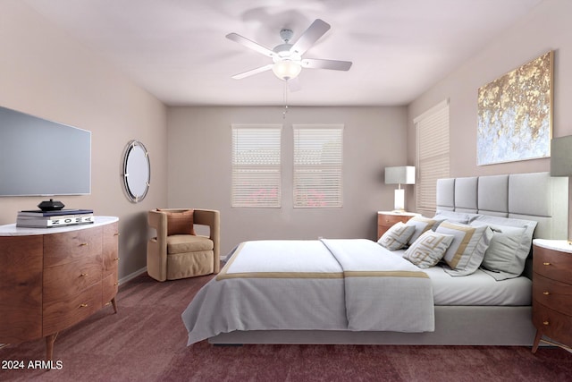 bedroom featuring ceiling fan and dark colored carpet