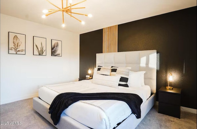 bedroom featuring carpet floors, a chandelier, and baseboards