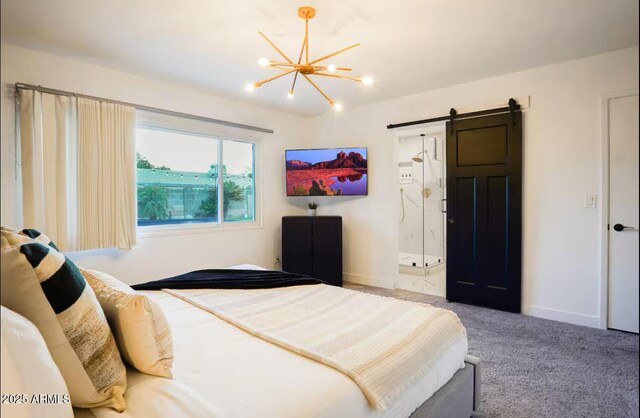 bedroom featuring a chandelier, carpet flooring, a barn door, and baseboards