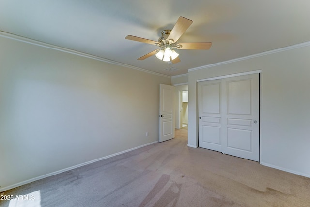 7398 W Paso Trl, Peoria, AZ 85383 - unfurnished bedroom featuring crown molding, light colored carpet, a closet, and a ceiling fan