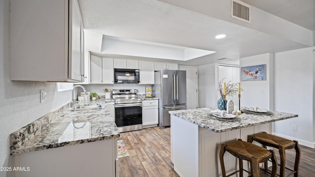 kitchen with a sink, visible vents, appliances with stainless steel finishes, and light wood-style flooring