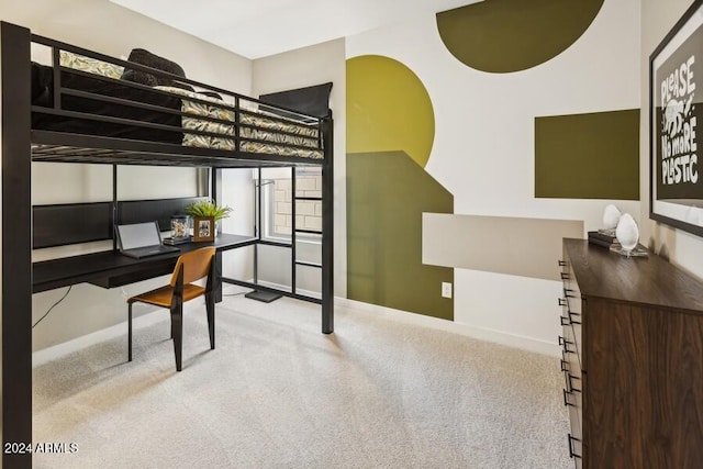 bedroom featuring light colored carpet