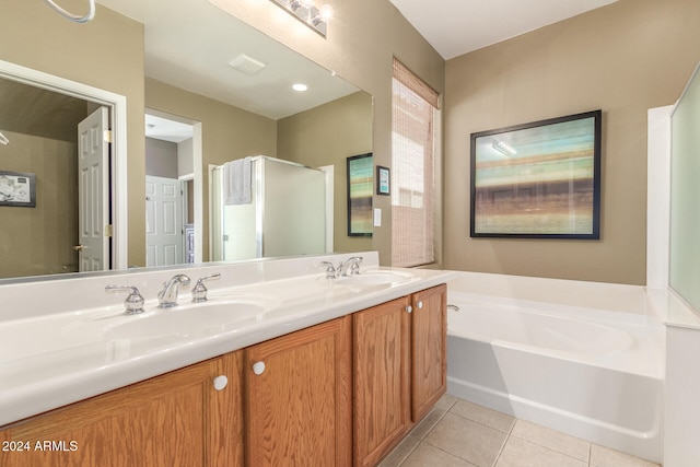 bathroom with vanity, tile patterned floors, and independent shower and bath