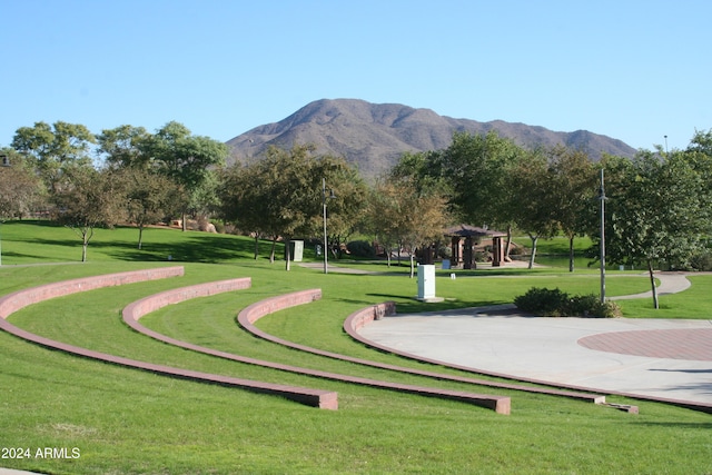 view of home's community with a mountain view and a lawn