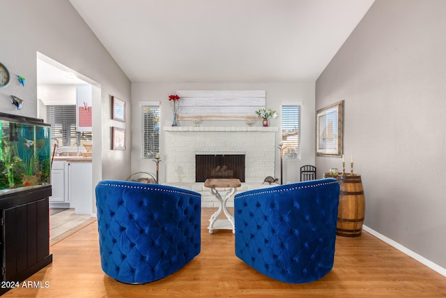 living room featuring light hardwood / wood-style floors, vaulted ceiling, and a healthy amount of sunlight