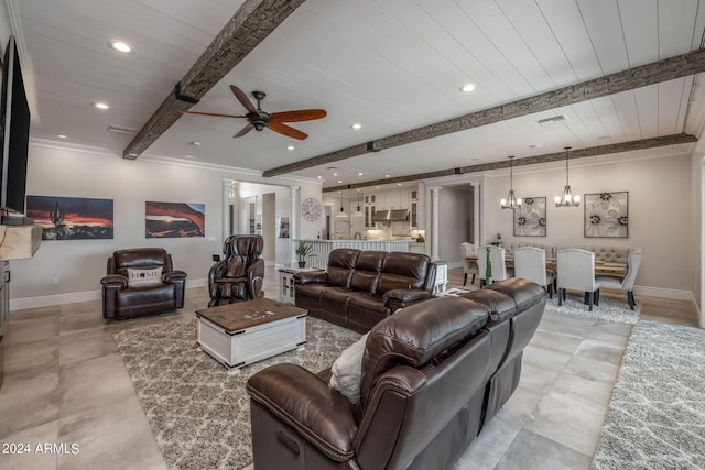 living room with a fireplace, beam ceiling, ceiling fan with notable chandelier, and wood ceiling