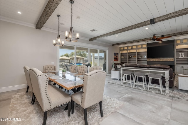 dining room with beamed ceiling, built in shelves, ceiling fan with notable chandelier, and wooden ceiling