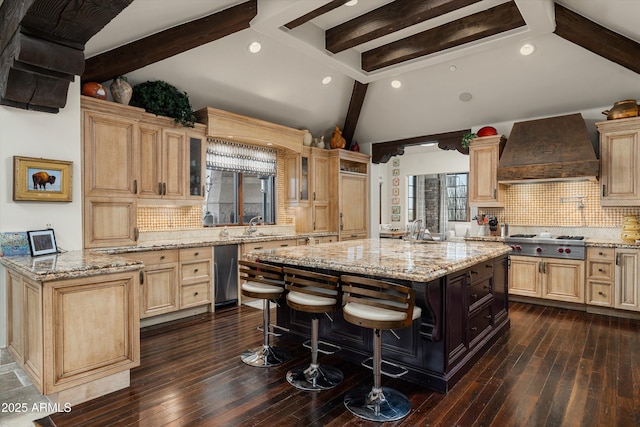 6102 E Sage Dr, Paradise Valley, AZ 85253 - kitchen with custom exhaust hood, stainless steel gas cooktop, light brown cabinetry, tasteful backsplash, and recessed lighting