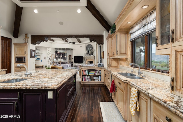 6102 E Sage Dr, Paradise Valley, AZ 85253 - kitchen featuring a sink, light brown cabinetry, ceiling fan, light stone countertops, and recessed lighting