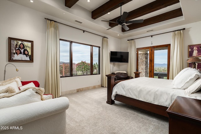 6102 E Sage Dr, Paradise Valley, AZ 85253 - carpeted bedroom featuring multiple windows, beam ceiling, a tray ceiling, recessed lighting, and access to outside