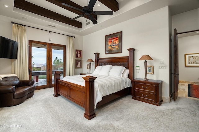 6102 E Sage Dr, Paradise Valley, AZ 85253 - bedroom featuring light carpet, access to outside, recessed lighting, a raised ceiling, and a ceiling fan
