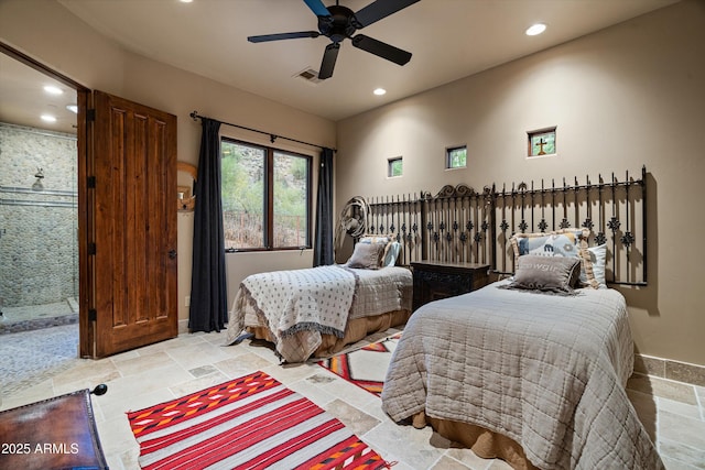 6102 E Sage Dr, Paradise Valley, AZ 85253 - bedroom with recessed lighting, stone tile floors, baseboards, and a ceiling fan