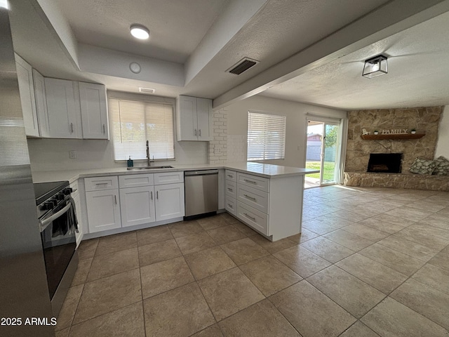 kitchen featuring sink, white cabinetry, kitchen peninsula, a raised ceiling, and stainless steel appliances