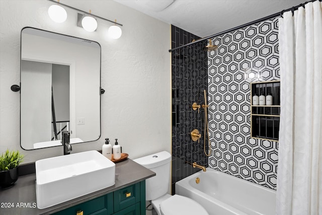 full bathroom with a textured ceiling, vanity, shower / tub combo, and toilet