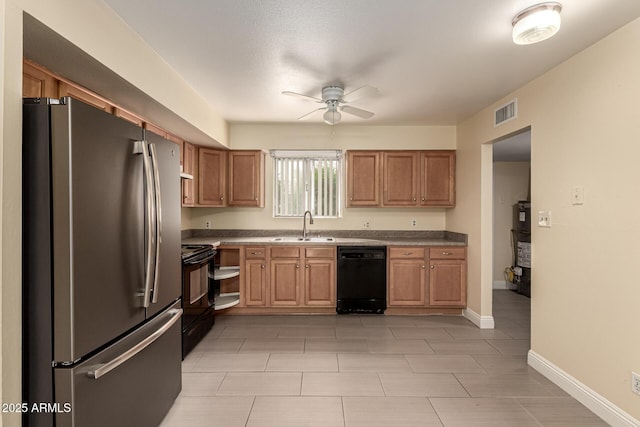 kitchen featuring ceiling fan, a sink, visible vents, baseboards, and black appliances