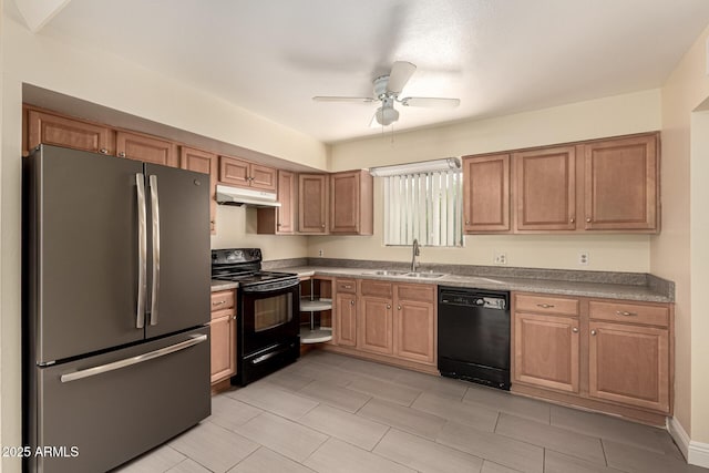 kitchen featuring under cabinet range hood, a sink, a ceiling fan, black appliances, and brown cabinetry