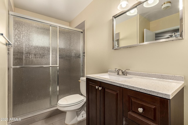 bathroom featuring vanity, a shower stall, and toilet