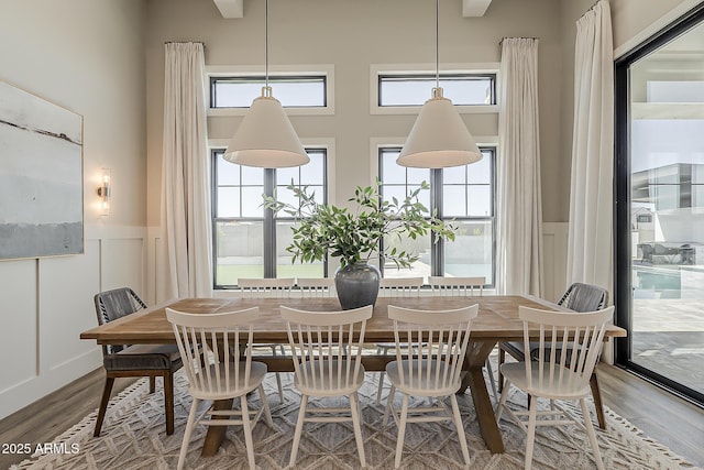 dining room with wainscoting, a decorative wall, wood finished floors, and a towering ceiling