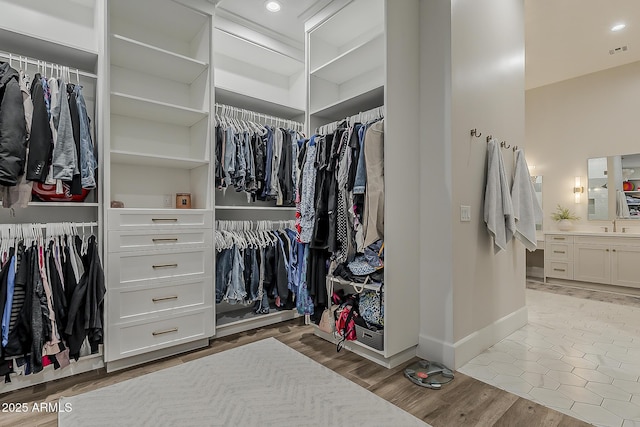 spacious closet featuring visible vents, a sink, and wood finished floors