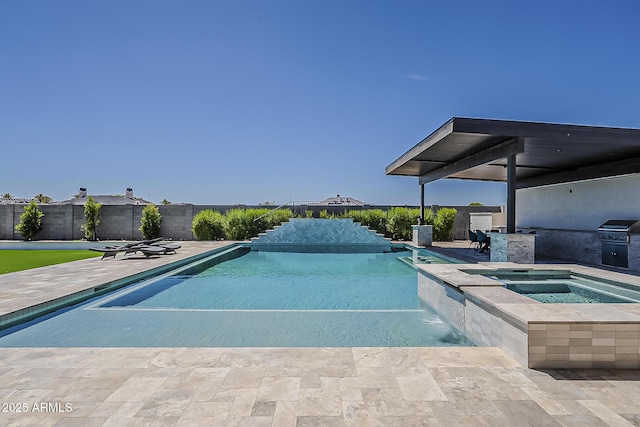 view of pool with fence, a patio, area for grilling, a fenced in pool, and an in ground hot tub