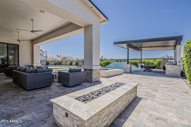 view of patio / terrace featuring an outdoor living space with a fire pit, outdoor dining area, ceiling fan, and an outdoor pool