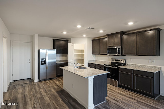 kitchen with a kitchen island with sink, a sink, visible vents, appliances with stainless steel finishes, and dark wood finished floors