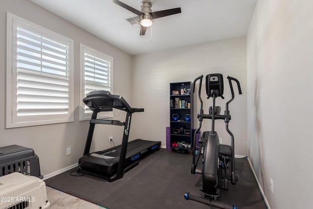 workout area featuring ceiling fan