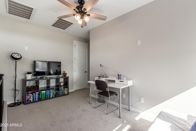 office featuring light colored carpet and ceiling fan