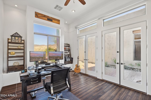 home office with french doors, dark hardwood / wood-style flooring, and ceiling fan