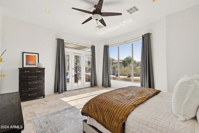 bedroom featuring access to outside, ceiling fan, and french doors