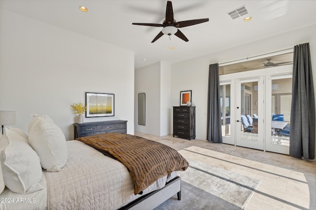 bedroom with ceiling fan, access to exterior, and french doors