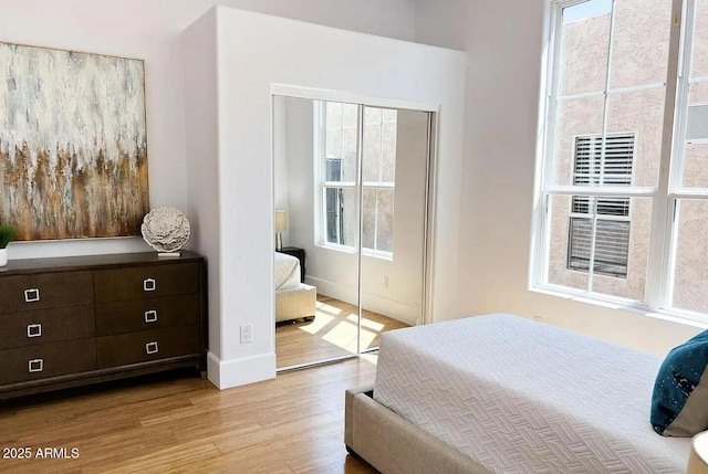 bedroom featuring multiple windows, light hardwood / wood-style flooring, and a closet