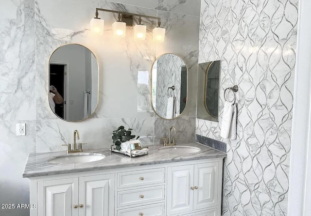 bathroom with tasteful backsplash, vanity, and tile walls