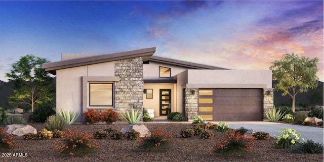 12328 E Black Rock Rd, Scottsdale, AZ 85255 - contemporary house featuring driveway, stone siding, a garage, and stucco siding