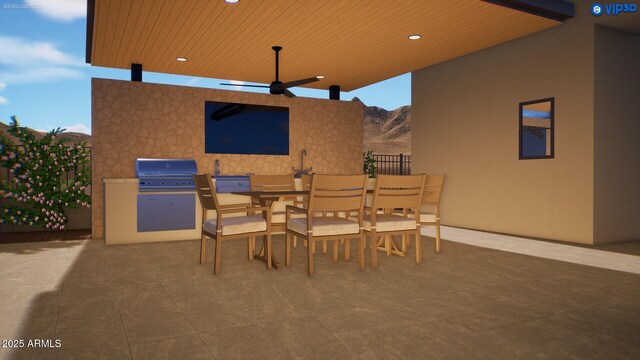 12328 E Black Rock Rd, Scottsdale, AZ 85255 - view of patio / terrace featuring a grill, outdoor dining space, a mountain view, and fence