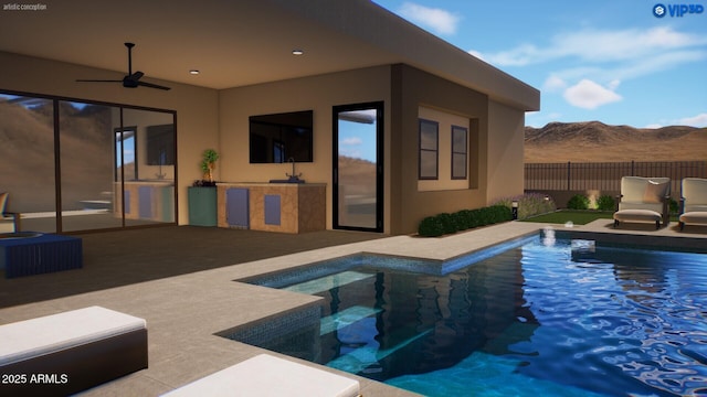 12328 E Black Rock Rd, Scottsdale, AZ 85255 - view of swimming pool featuring a patio area, ceiling fan, fence, and a fenced in pool