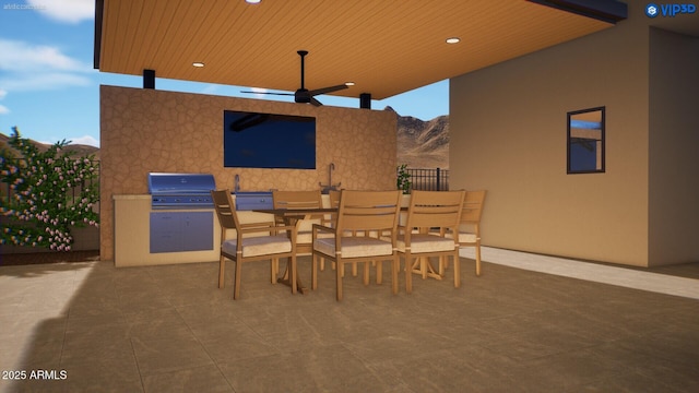 12328 E Black Rock Rd, Scottsdale, AZ 85255 - view of patio / terrace featuring a mountain view, outdoor dining space, fence, and area for grilling