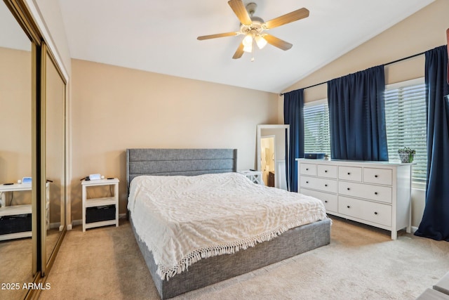 1344 N Brittany Ln, Gilbert, AZ 85233 - bedroom with lofted ceiling, light carpet, a closet, and ceiling fan