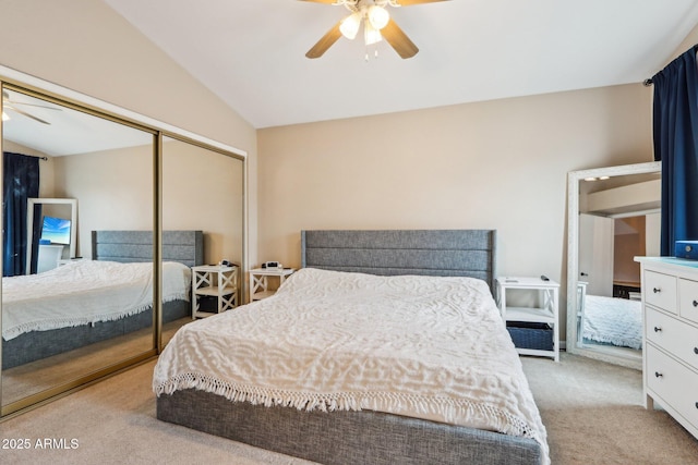 1344 N Brittany Ln, Gilbert, AZ 85233 - bedroom featuring carpet flooring, vaulted ceiling, a closet, and ceiling fan