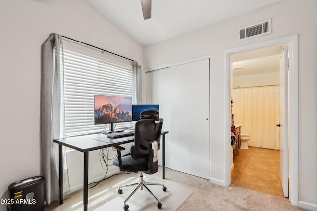 1344 N Brittany Ln, Gilbert, AZ 85233 - carpeted office with vaulted ceiling and a ceiling fan