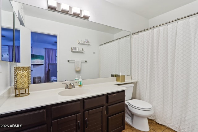 1344 N Brittany Ln, Gilbert, AZ 85233 - bathroom featuring vanity, toilet, tile patterned flooring, and a shower with curtain