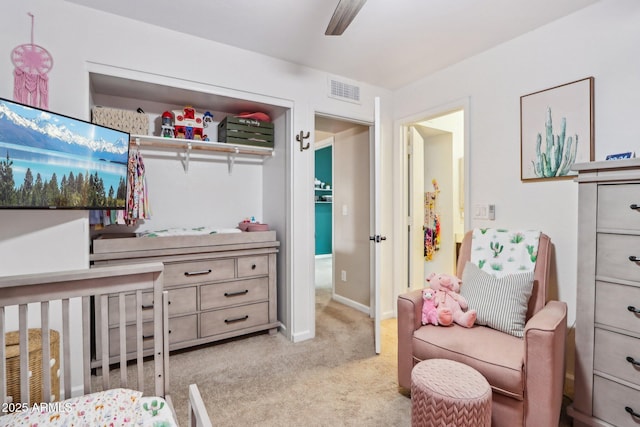 1344 N Brittany Ln, Gilbert, AZ 85233 - bedroom with light colored carpet, a ceiling fan, and baseboards