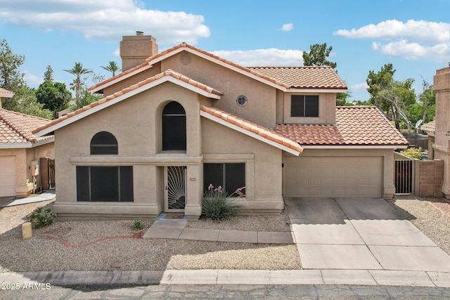 1344 N Brittany Ln, Gilbert, AZ 85233 - mediterranean / spanish-style house with stucco siding, driveway, an attached garage, a tile roof, and a chimney
