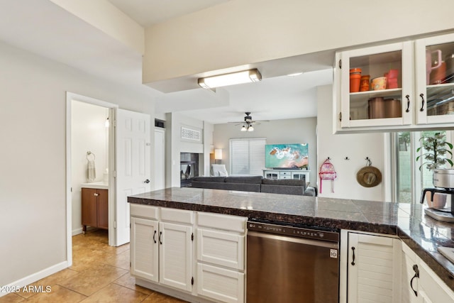 1344 N Brittany Ln, Gilbert, AZ 85233 - kitchen with stainless steel dishwasher, tile countertops, a ceiling fan, white cabinetry, and glass insert cabinets